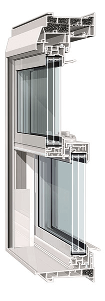 Triple pane foam-filled double hung window cross section